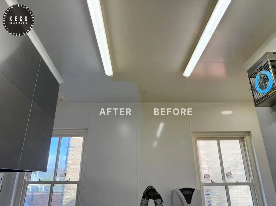 A half clean kitchen showing the difference between before Kecs Cleaning on the right and after the clean on the left