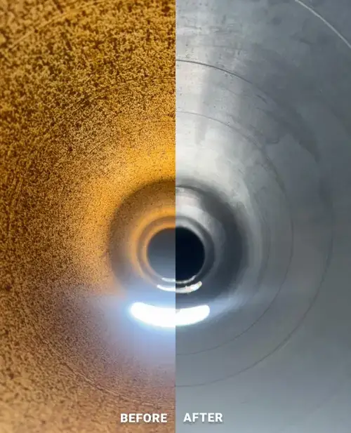 Photo collage of a ventilation system comparing before the cleaning on the left, to after on the right
